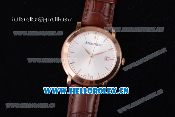 Audemars Piguet Jules Audemars Clone AP Calibre 3120 Automatic Rose Gold Case with Silver Dial Stick Markers and Brown Leather Strap (EF) - Click Image to Close